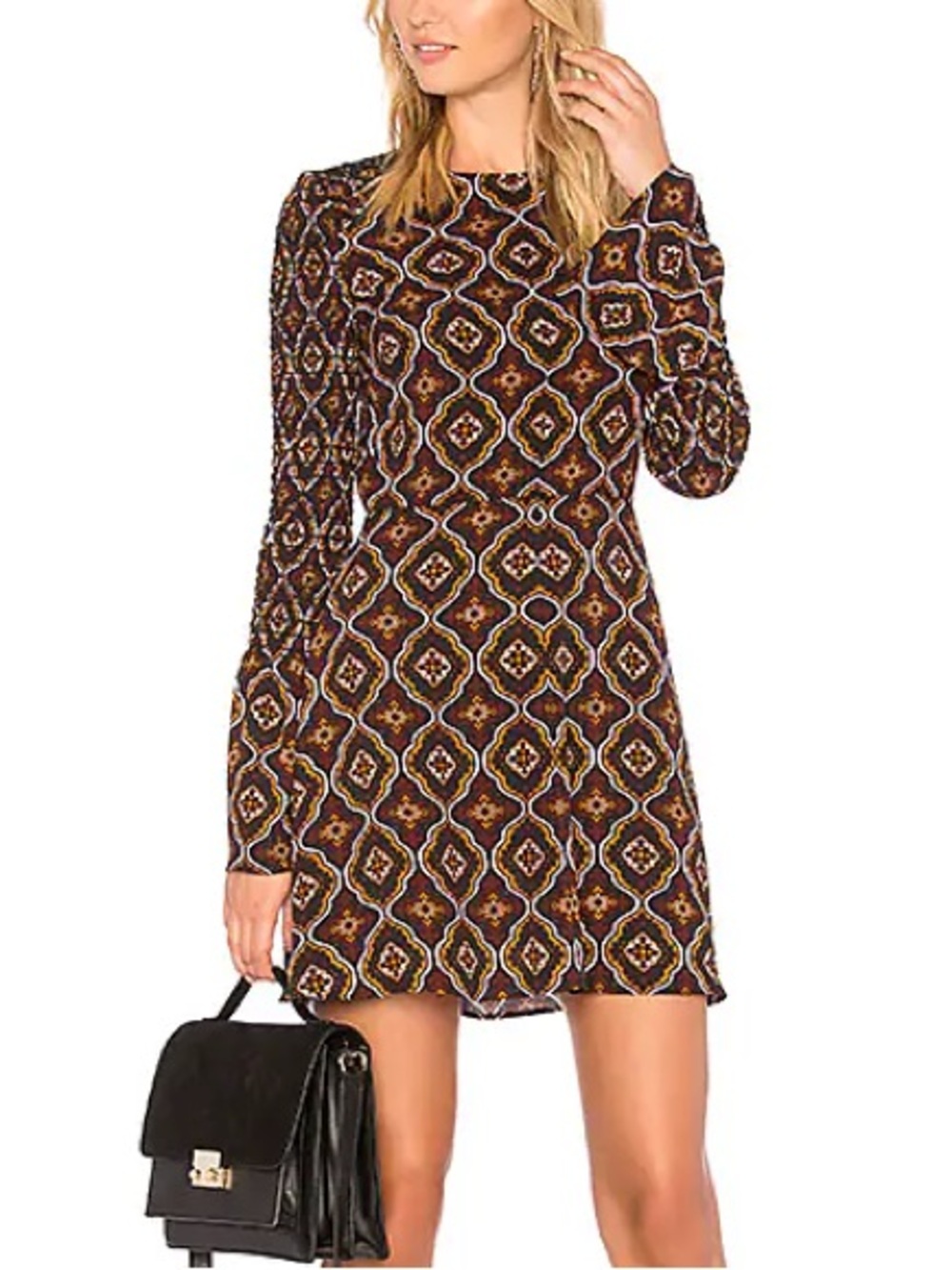 ALC Women’s Alexa Silk Bell Sleeve Dress Burgundy Gold Multi Mini Size 2